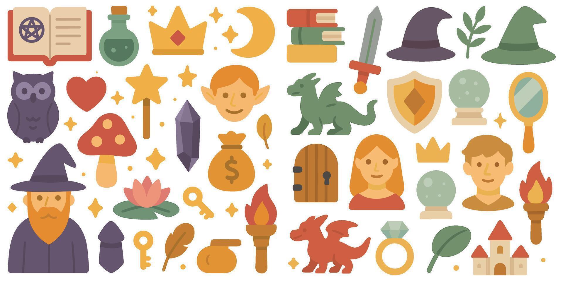 Collection of fantasy themed illustrations showcases various characters creatures and magical objects vector