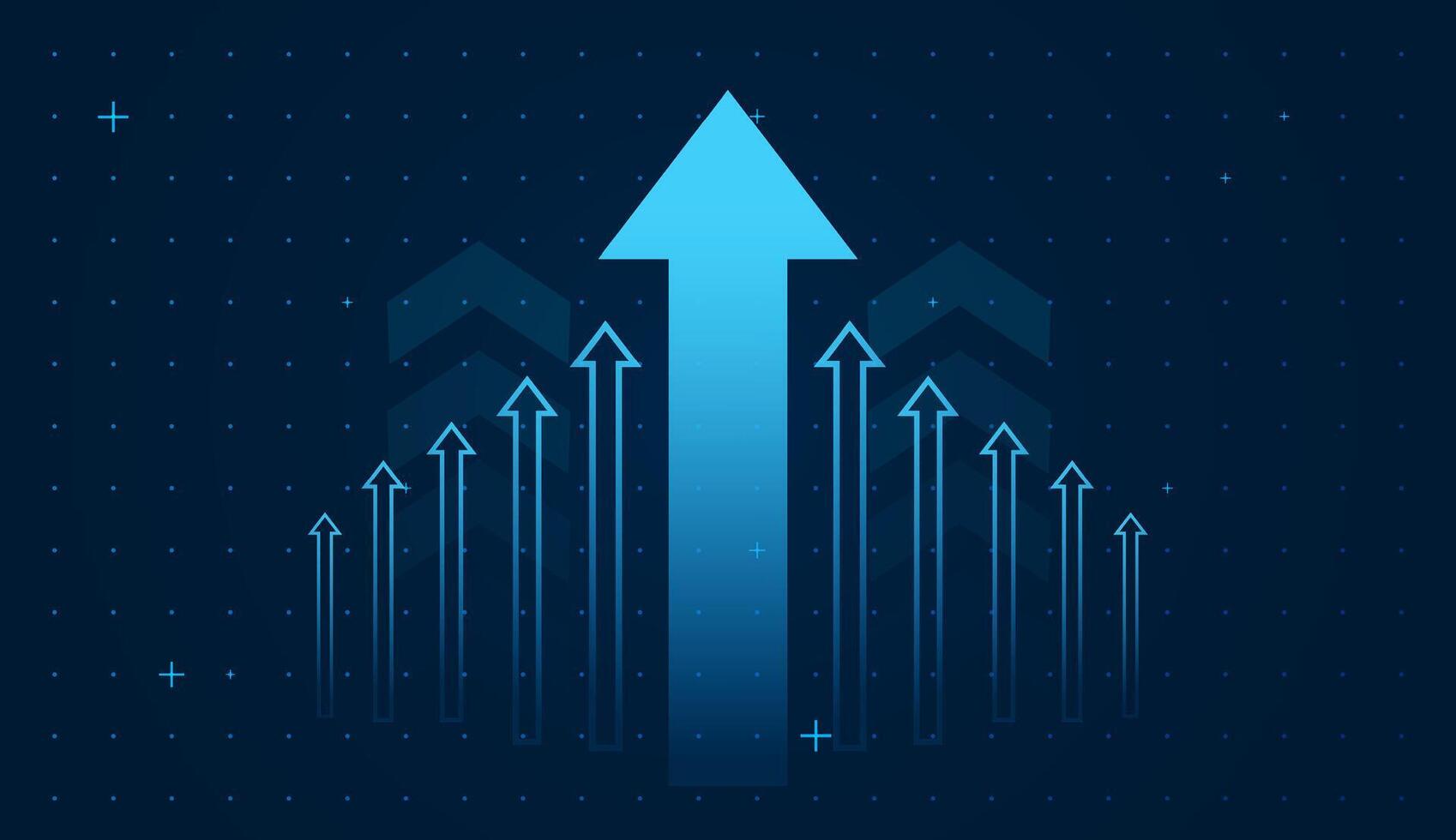 Dynamic up trend blue arrows on dark blue background with small dots on it. A bold, central blue arrow points upward, symbolizing strong growth, ambition, and future success vector