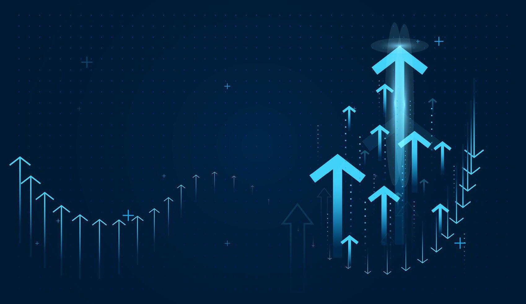 Groups of upward arrow growth for finance and business growing to the sucess. Set of light blue arrows up trend concepts in illustration on dark background vector