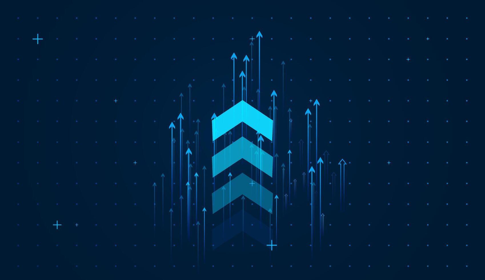 A dynamic blue arrow surges upward, symbolizing business growth, success, and positive market trends against a dark digital grid background. vector