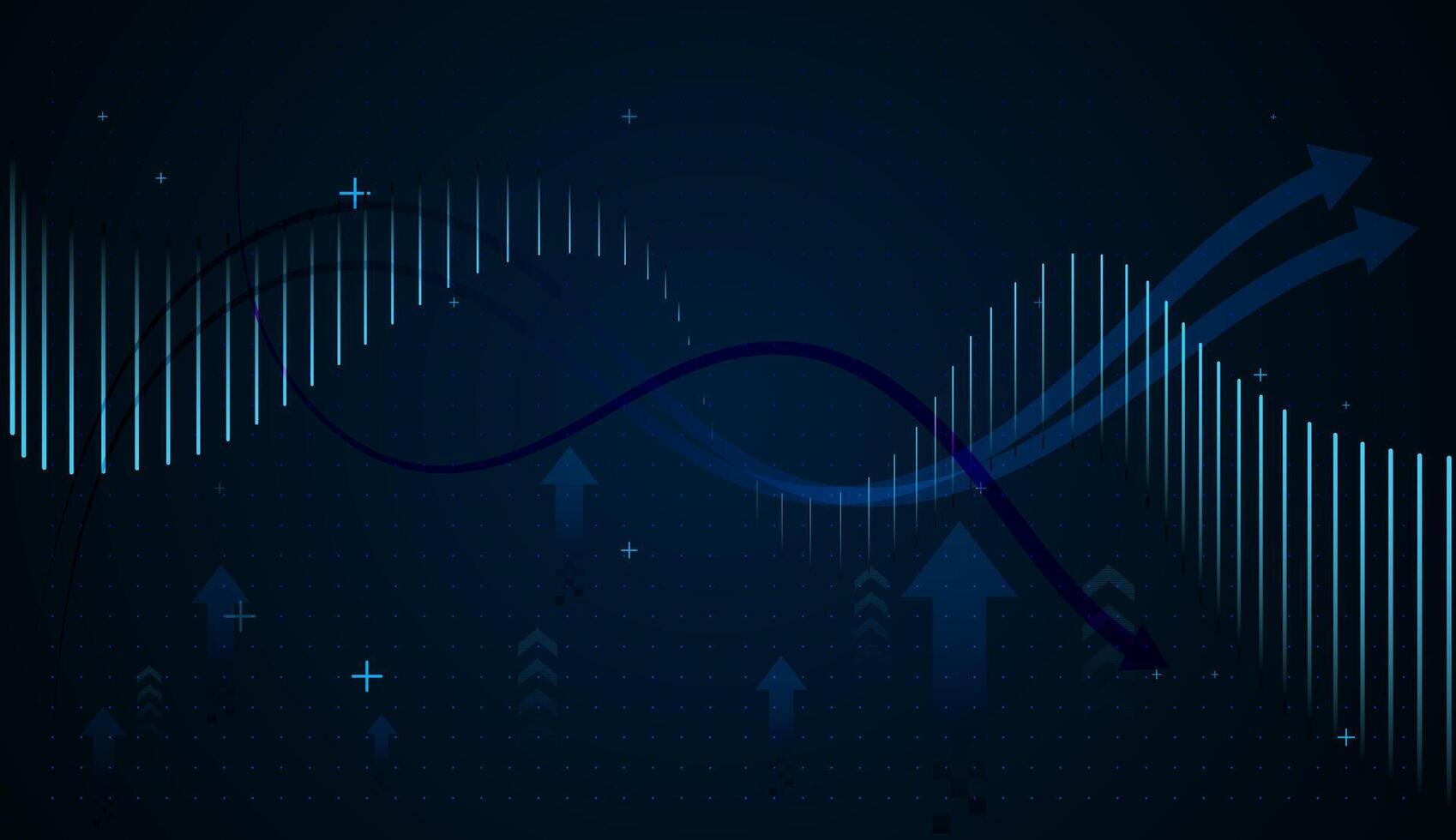 Glowing blue line chart rises steadily, symbolizing financial growth and upward market trends Vertical bars and upward arrows in varying sizes enhance the concept of progress, success. vector
