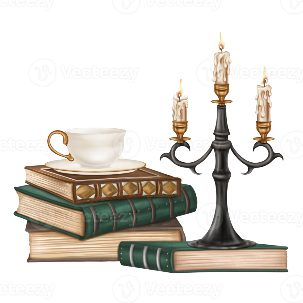 A vintage composition of old ornate hardback books in a stack, a black metal candelabra with candles and a porcelain cup of tea. Ancient literature, study, writing, and history. Isolated illustration png