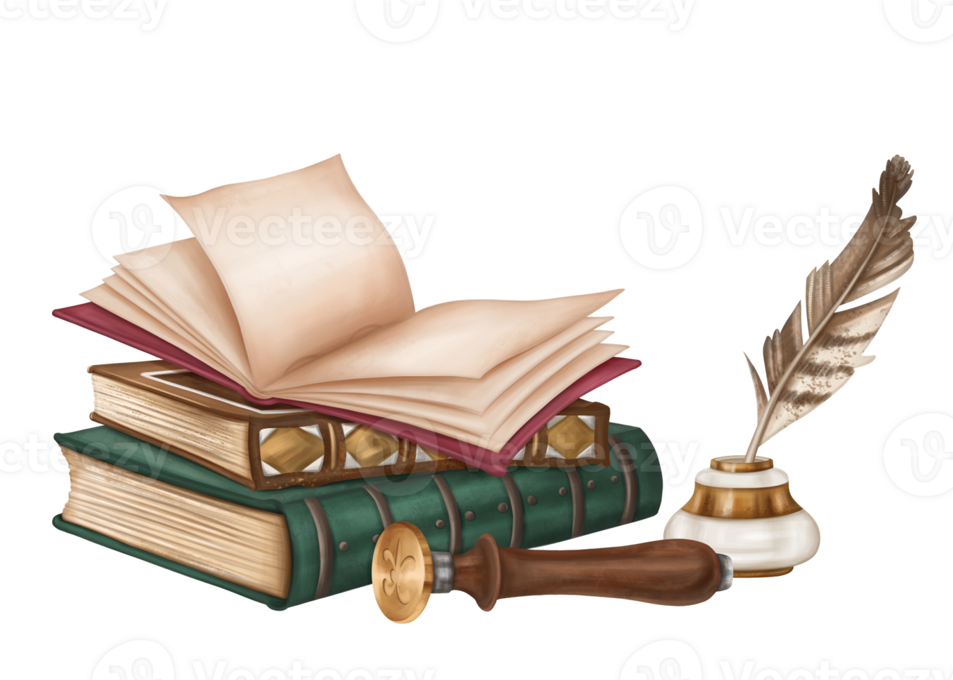 A vintage composition of old ornate hardcover books in a stack, an open empty book, an inkwell with a pen and a wooden stamp. Ancient literature, study, writing, and history. Isolated illustration png