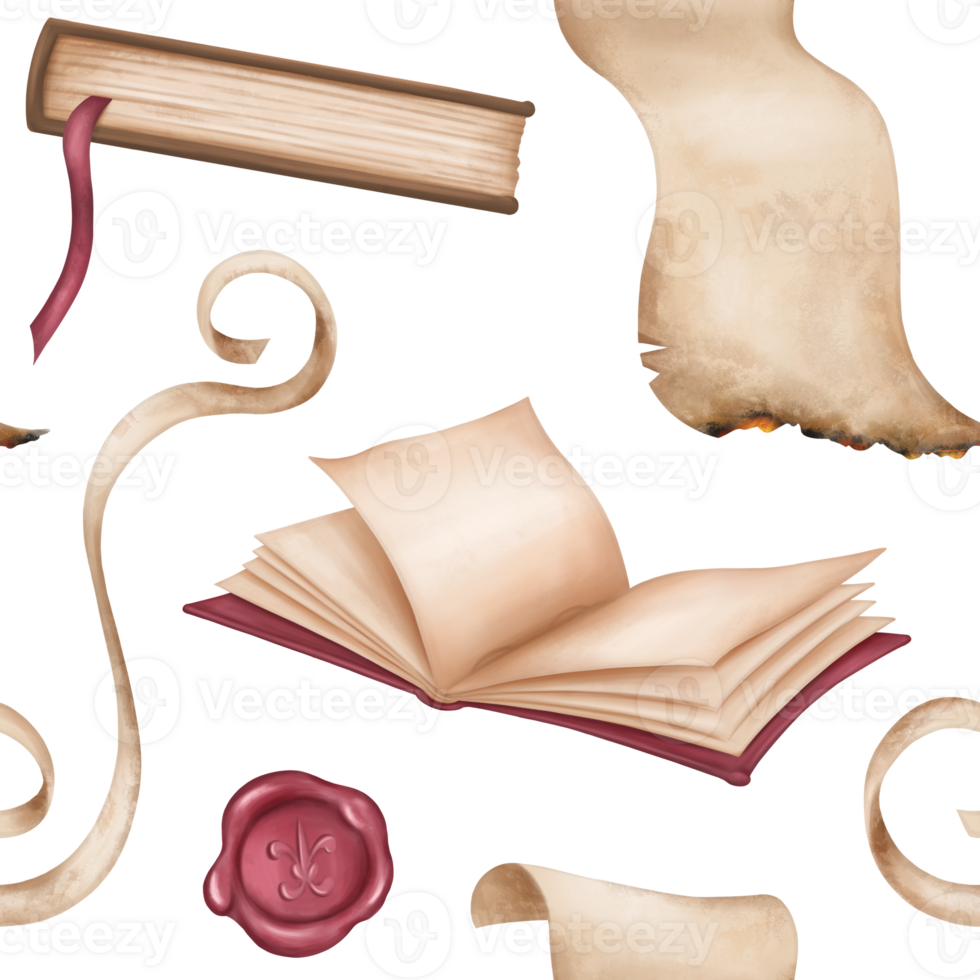 Seamless pattern with hardcover books, parchments, wax seals. An open empty diary, a notebook. Old schools, education, Victorian style, information and teaching, manuscripts and letters png