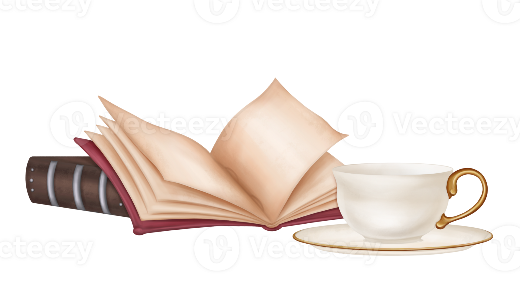 Vintage composition from an open empty book, a personal diary, a notebook and a tea cup. Ancient literature, study, teaching, writing, and history. Isolated illustration. png