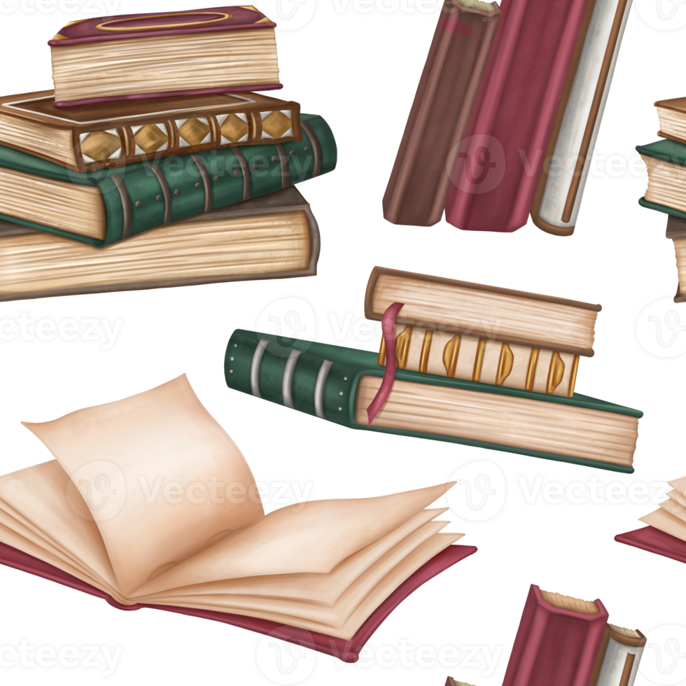 Seamless pattern with antique hardcover books decorated with metal and ornaments. Stacks of books, open empty diary, notebook. Old magic schools, education. Victorian style, information and education. png