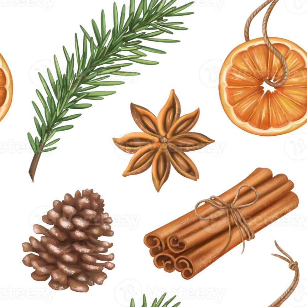 Seamless Christmas pattern made of natural organic decorations, pine branch, cone, orange, cinnamon. Sustainable Christmas celebration, winter recyclable materials. Hand drawn drawing, background. png