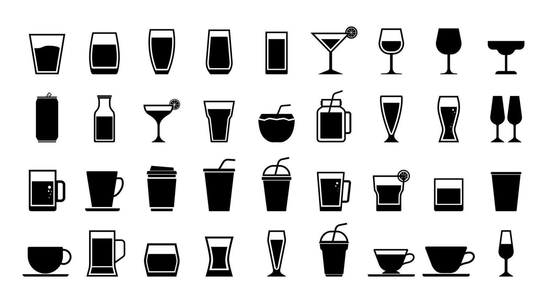 Isolated Drink and Beverage icon set, Cocktail, Beer, Coffee and Martini, Liquor, Alcohol pictogram symbol for Bar and Bistro, Restaurant graphic elements. vector