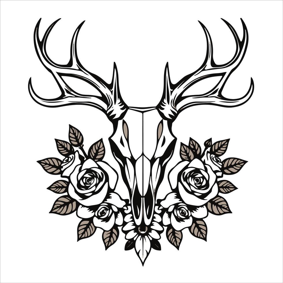 A deer skull with roses and leaves vector