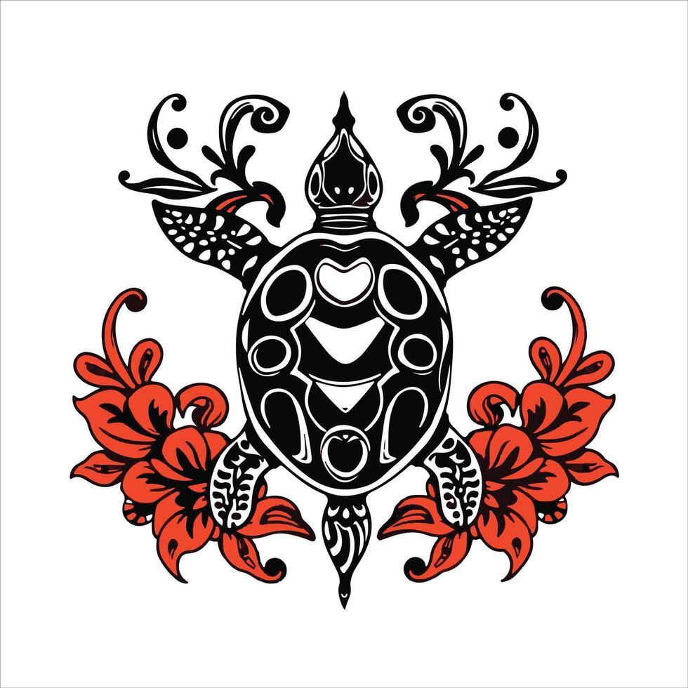 Turtle tattoo design with hibiscus flowers vector