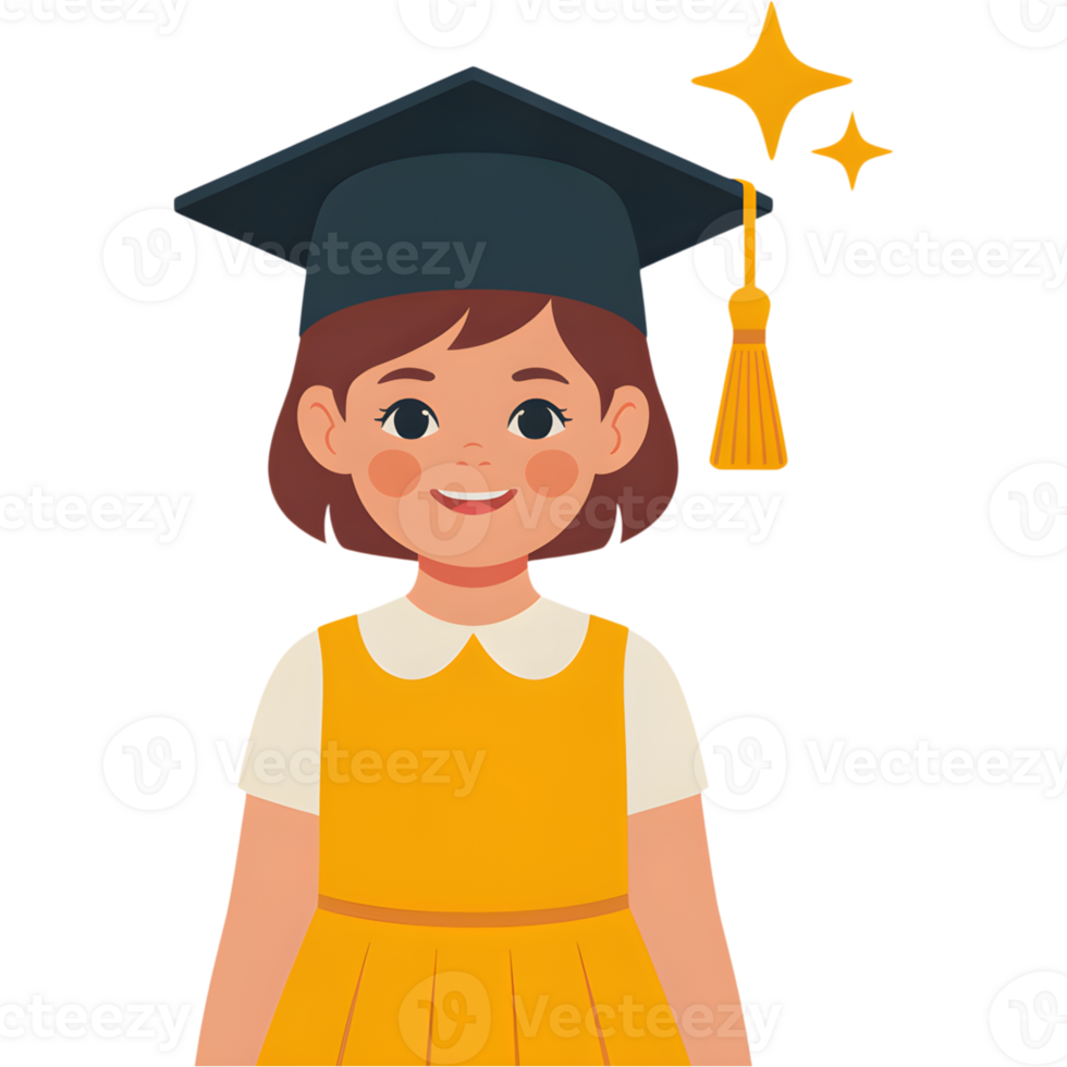 Cheerful cartoon illustration of a little girl with a graduation cap png