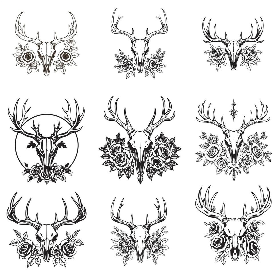 Deer skulls and roses set of illustration vector