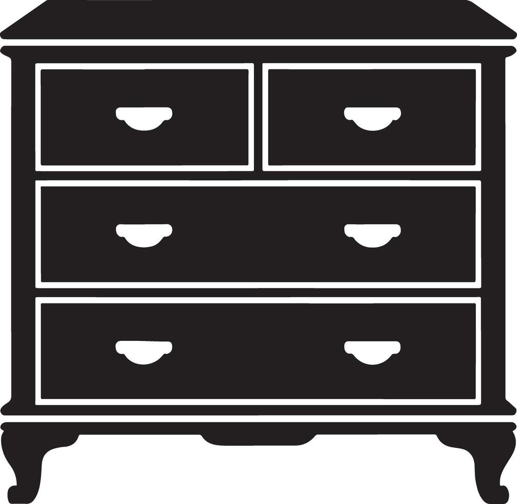 Black and white silhouette of a classic five drawer chest of drawers vector