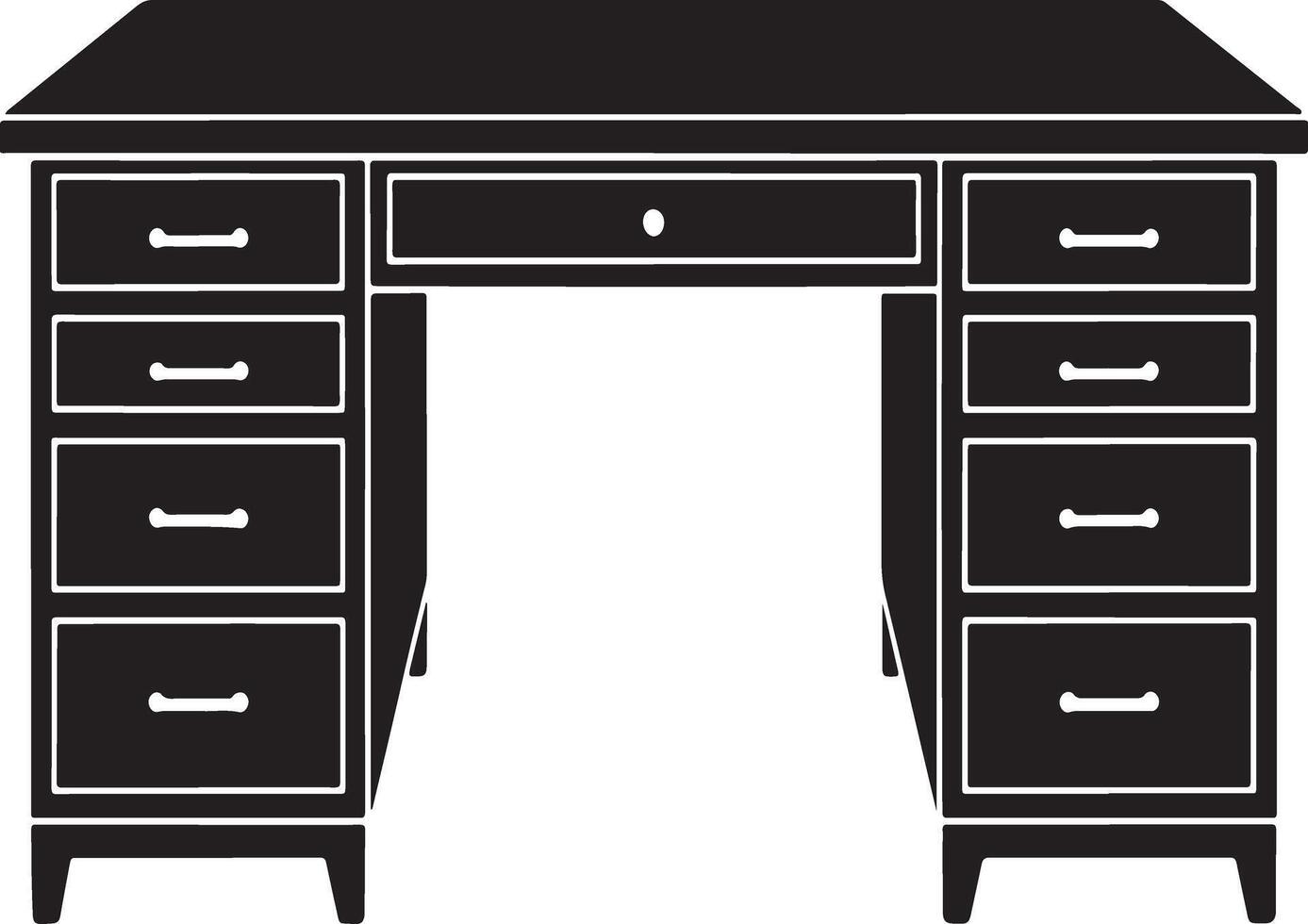 Black and white illustration of a large wooden desk with multiple drawers vector