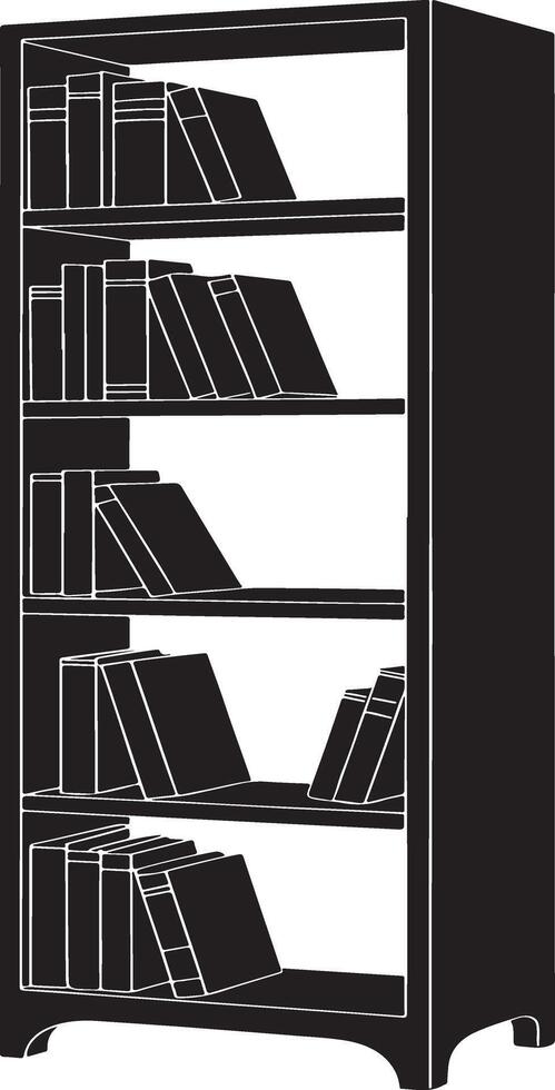 Black and white silhouette of a five shelf bookcase filled with books vector