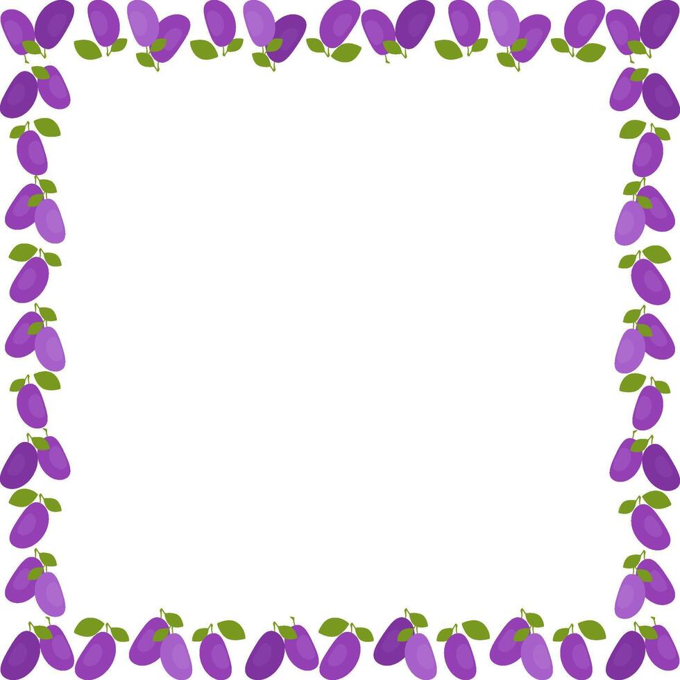Juicy fresh violet plums frame. Aesthetic groovy berries design template. Empty space for your text vector