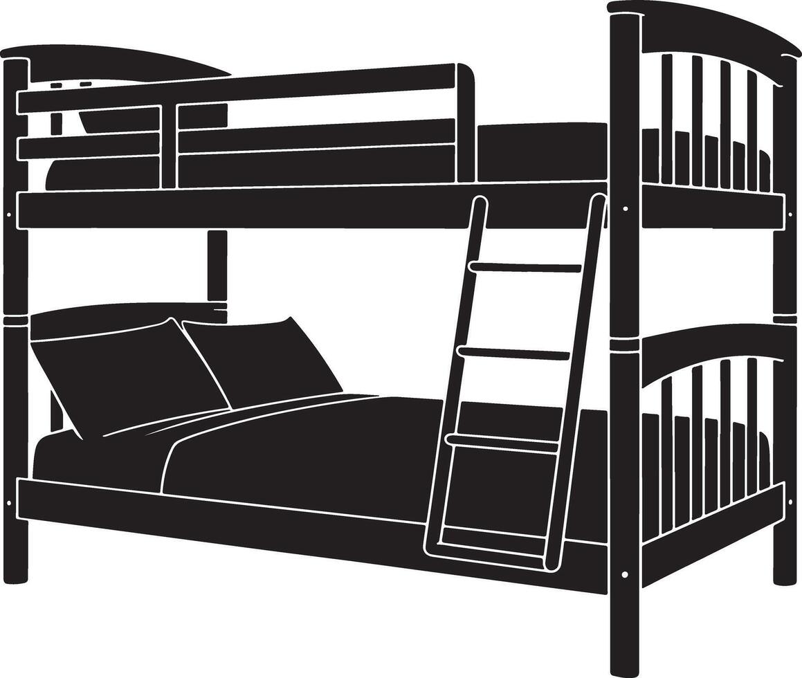 Black and white silhouette of a wooden bunk bed with ladder vector
