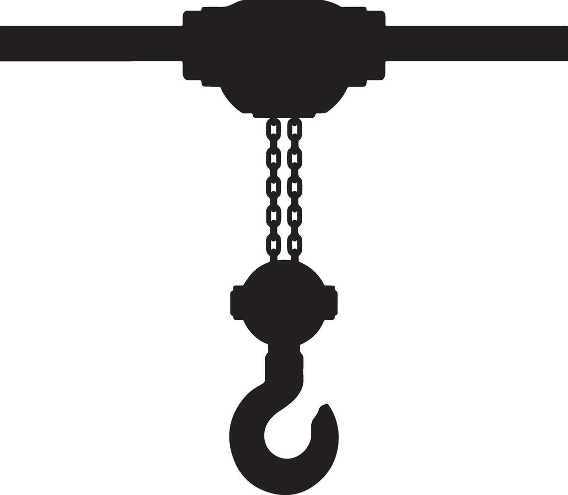 Black silhouette of a chain hoist with hook and pulley system vector