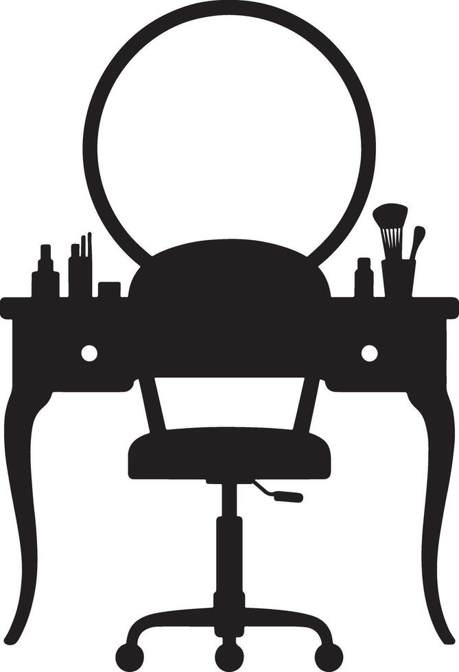 Black silhouette of a vanity set with a round mirror and swivel chair vector