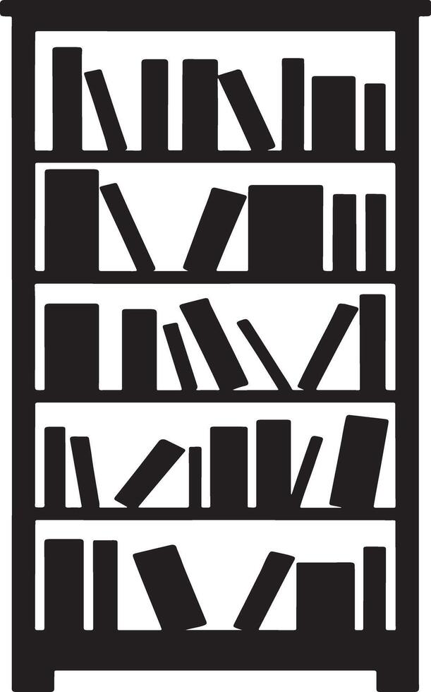 Black and white silhouette of a tall bookshelf filled with books vector