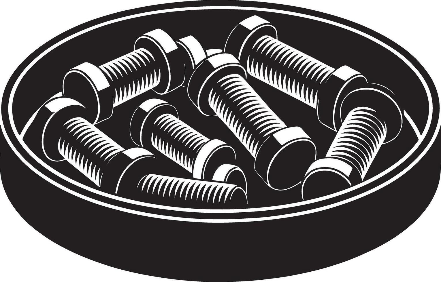 A black and white illustration of bolts in a round container vector