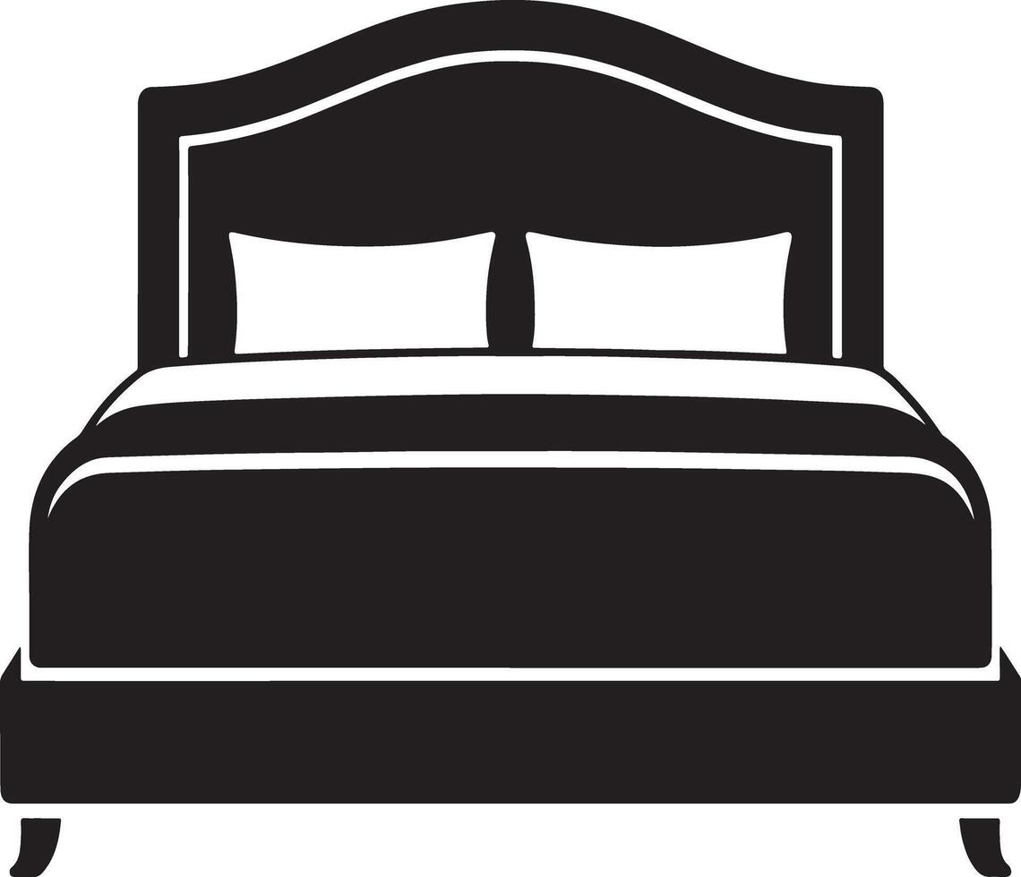 Black and white silhouette of a double bed with curved headboard and two pillows vector