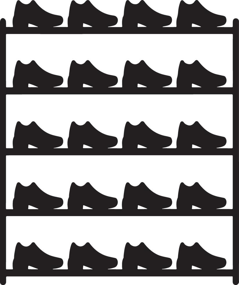 A multi tiered shoe rack filled with pairs of black shoes vector