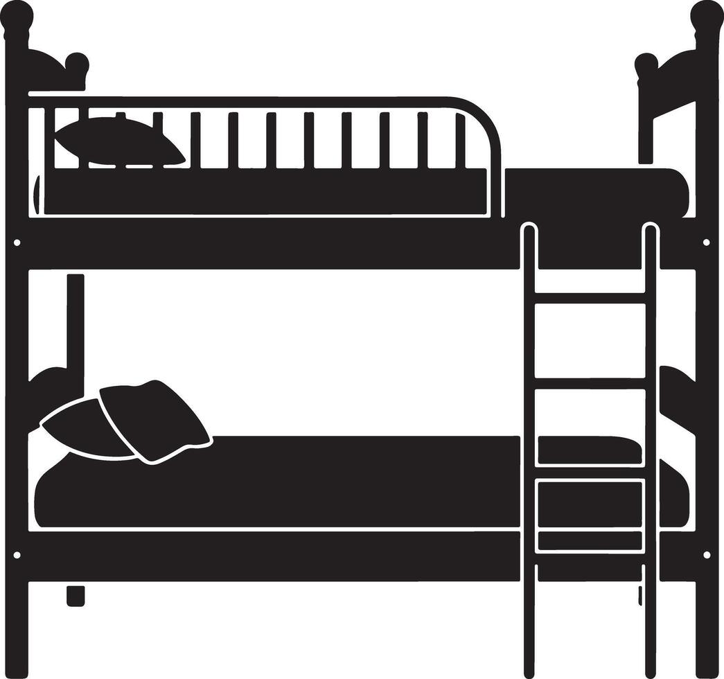 Black silhouette illustration of a wooden bunk bed with pillows vector
