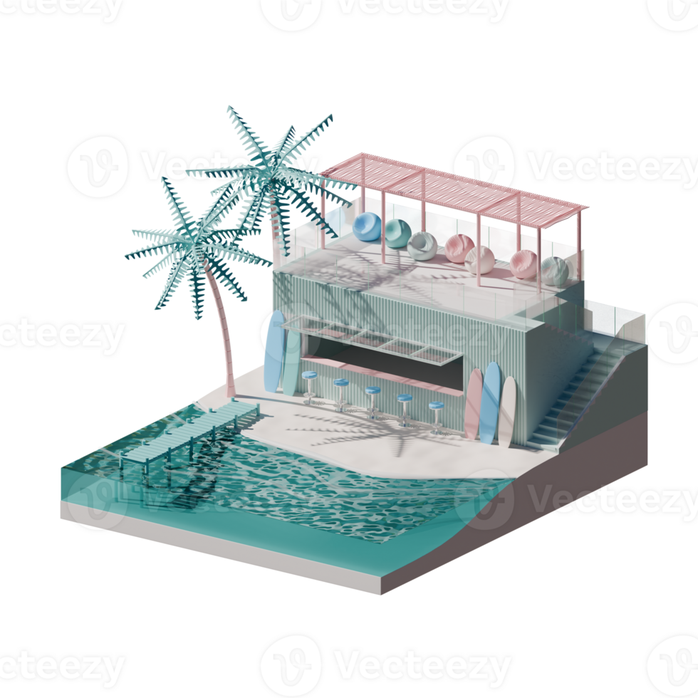 Isometric View Of A Summer Beach 3D Render Illustration Scene png