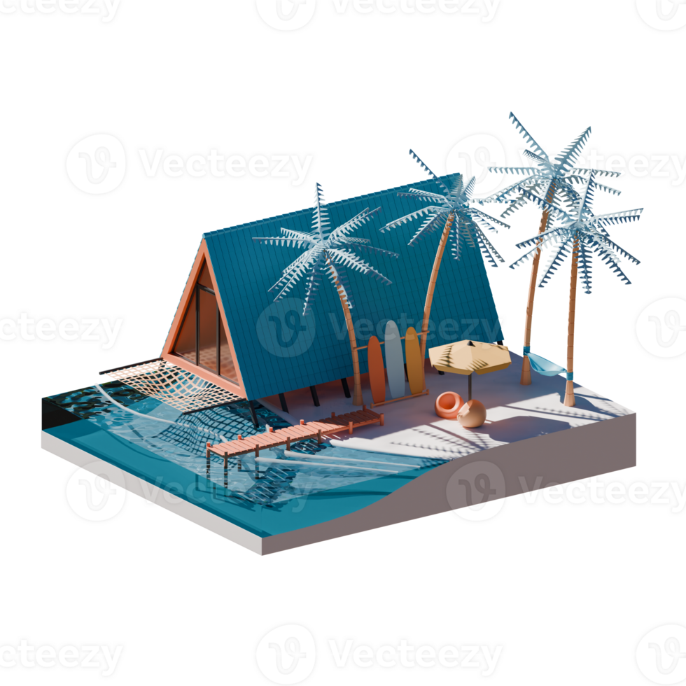 Summer Beach Isometric View 3D Render Illustration Design Element png