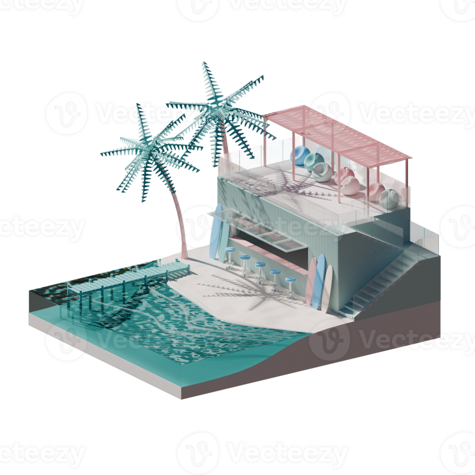 Isometric View Of A Summer Beach 3D Render Illustration Design Element png