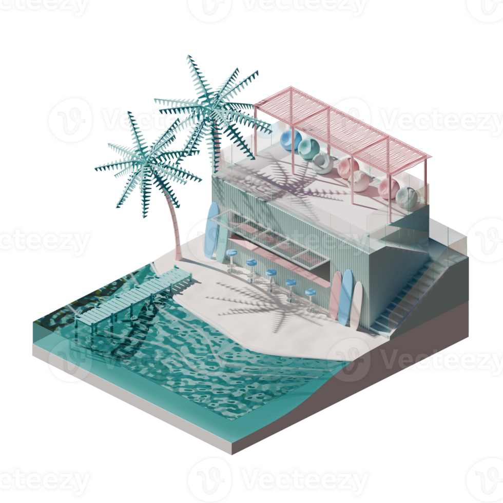 Isometric View Of A Summer Beach 3D Render Illustration png