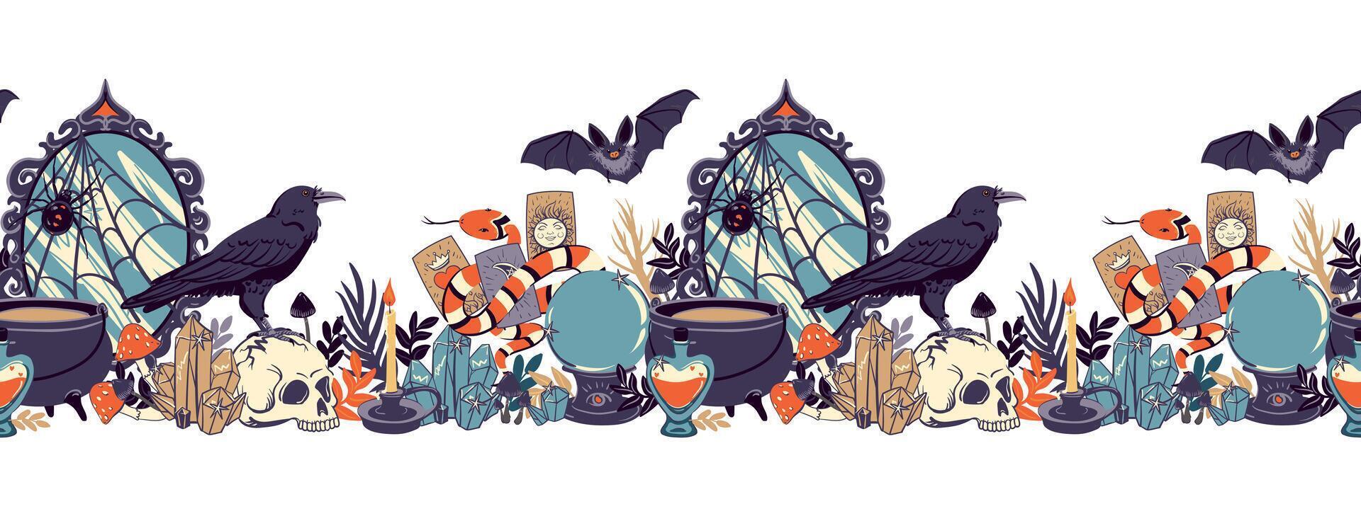 Seamless horizontal pattern with occult objects. Witchcraft, astrological, esoteric, magic symbols. border with mirror, cauldron, skull, potion, raven, snake, crystal, fortune-telling ball. vector