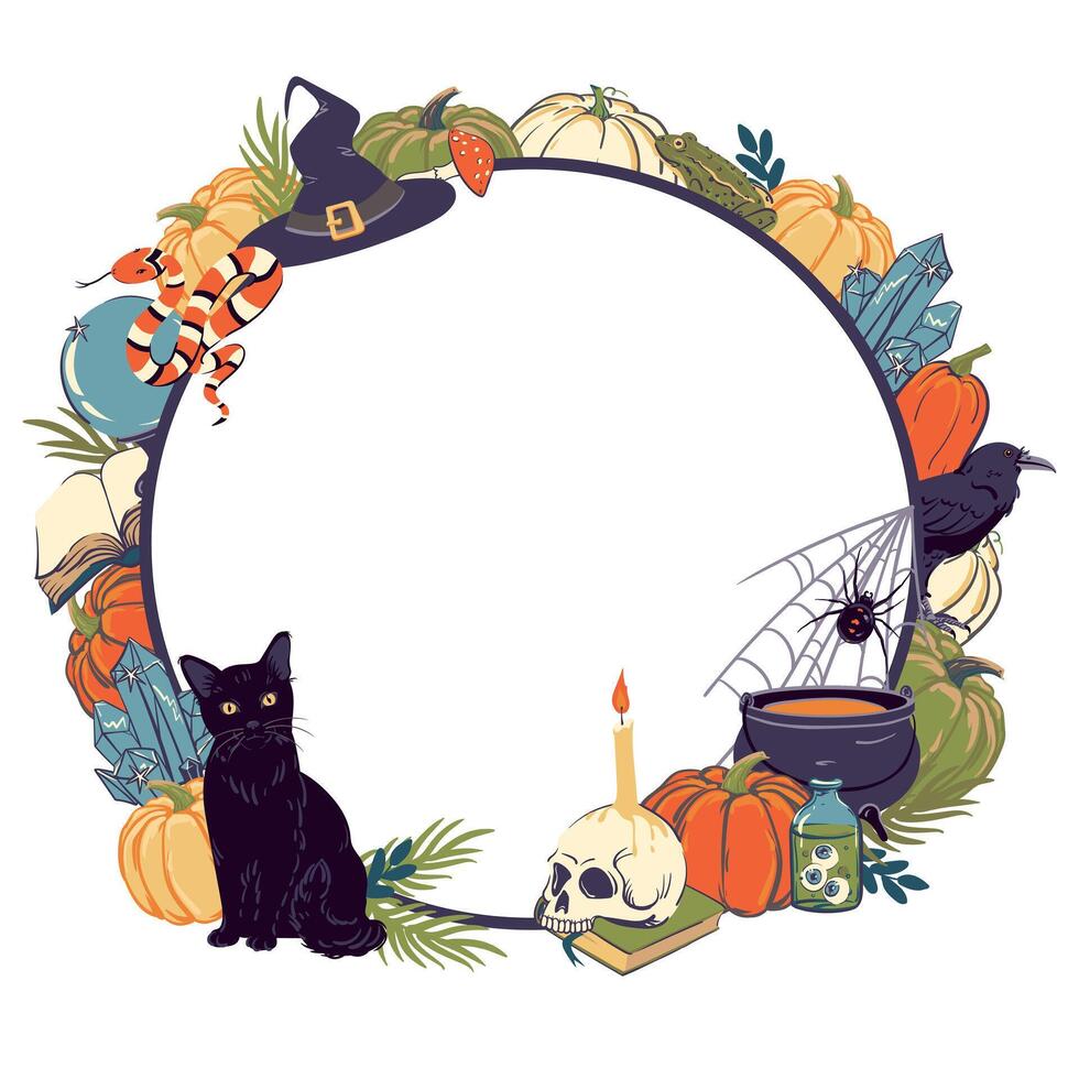 Frame with magic items, Halloween decoration. Round template with witchcraft and witchcraft items, cauldron, grimoire, potion, elixir, skull, magic ball, cat, snake, owl, toad, spider. . vector