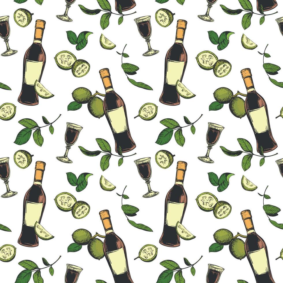 Bottle of Italian liqueur Nocino, glass with aperitif. seamless pattern in color engraving technique. Unripe walnut seeds whole and halves, leaves. Linear sketch in ink. vector