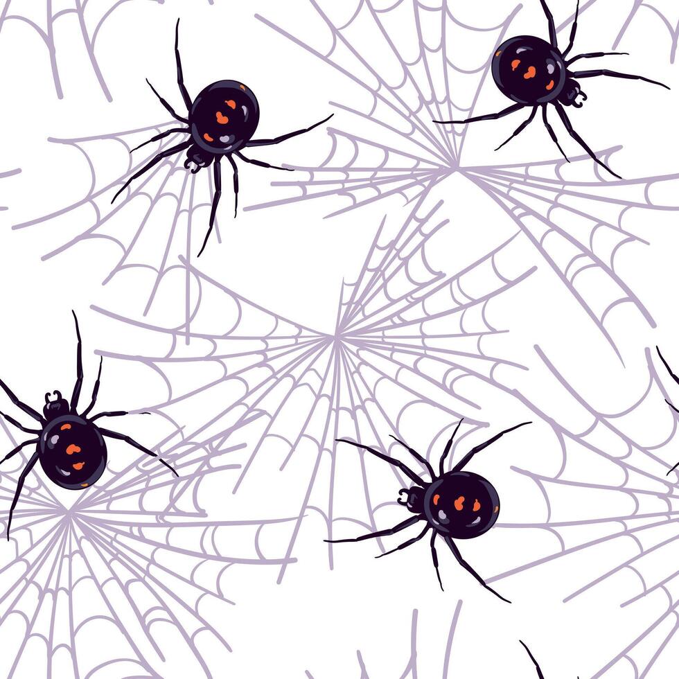 Spider black widow Latrodectus occidentalis hangs on the web. seamless pattern with black spider in flat style. Dangerous poisonous insect. Halloween background. vector