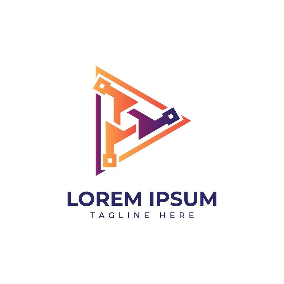 Technology logo design creative unique triangle shape solution play icon circuit vector
