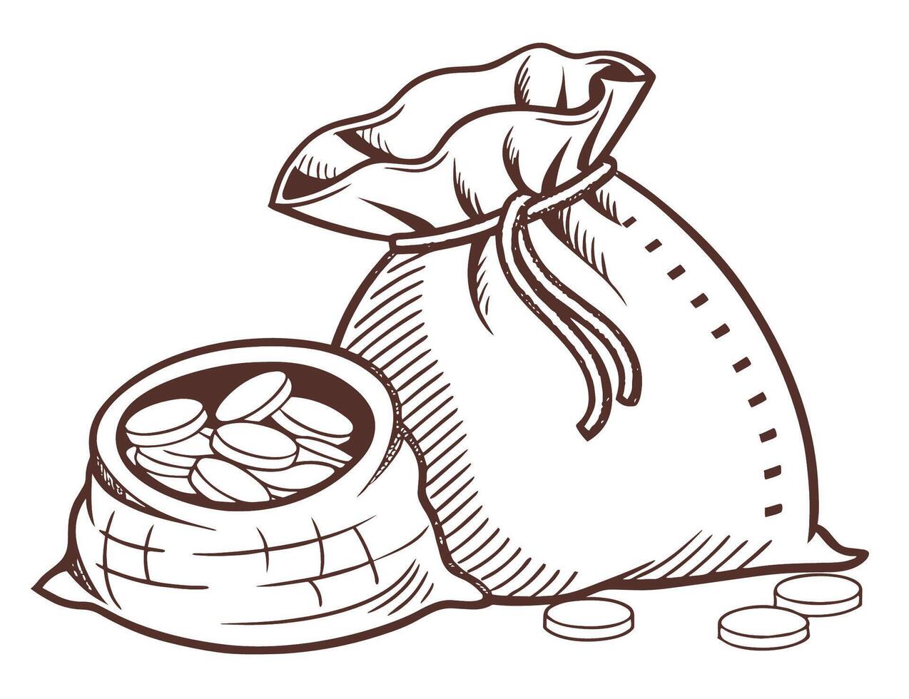 Bag of Coins. Drawn bag of expensive coins. illustration.. vector