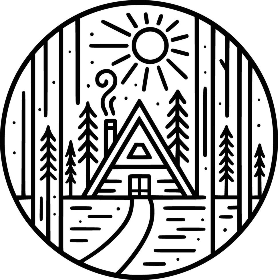 Modern forest cabin line art illustration in black and white featuring an A-frame house in pine trees with circular border design perfect for wall art posters t-shirts branding and digital pro vector