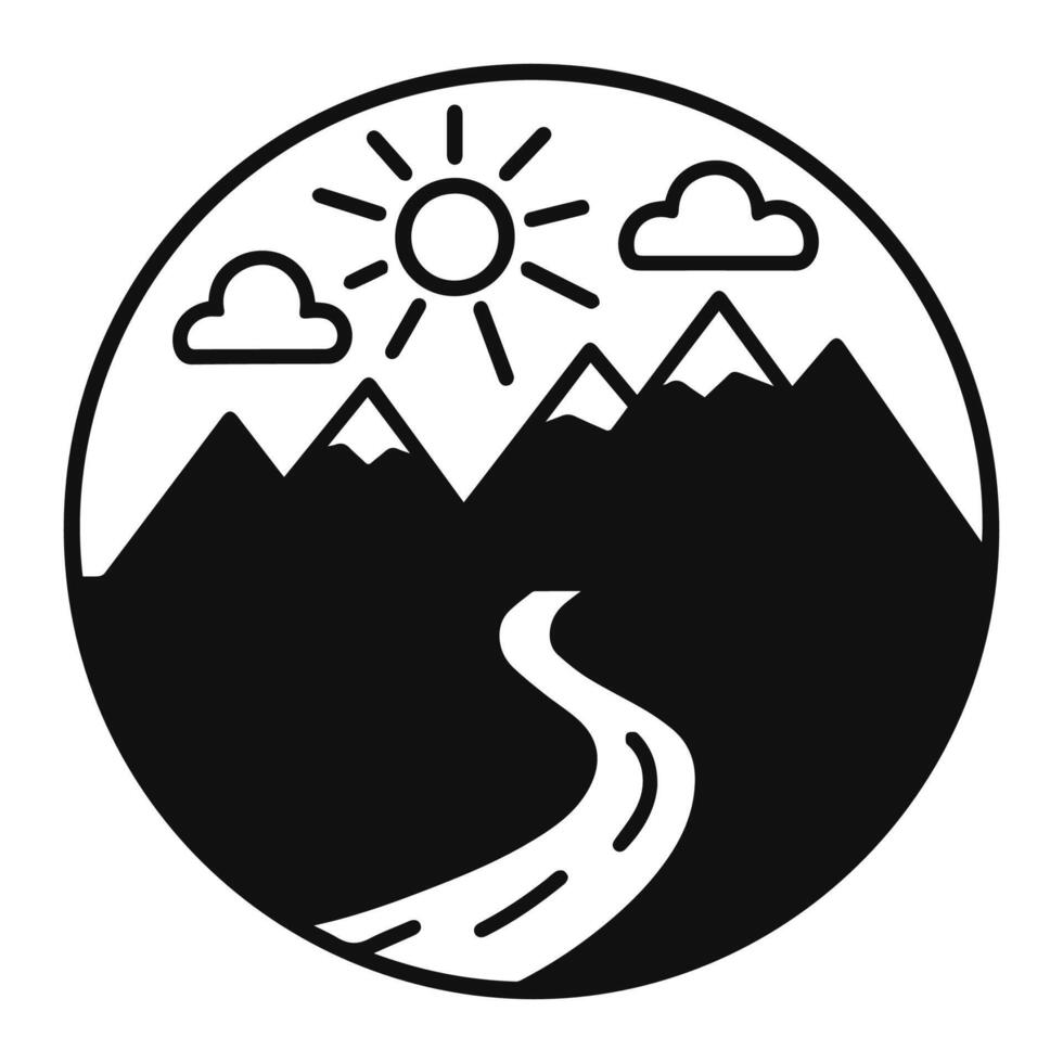 Black and white mountain road landscape with sun and clouds in a circular design for nature themed illustrations minimal outdoor artwork scenery EPS Pro vector