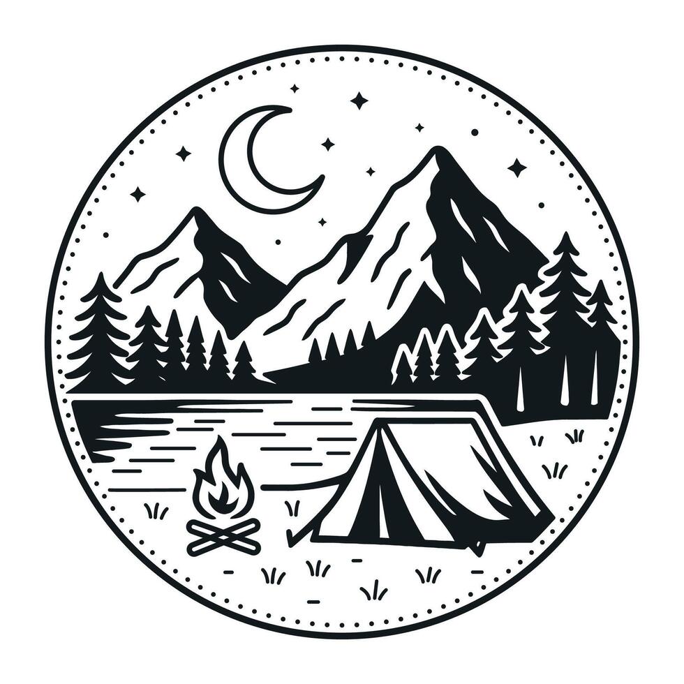 Modern mountain camping scene line art illustration with moon lake and tent in forest landscape for travel and adventure designs Fully editable Fully manually created EPS Pro vector