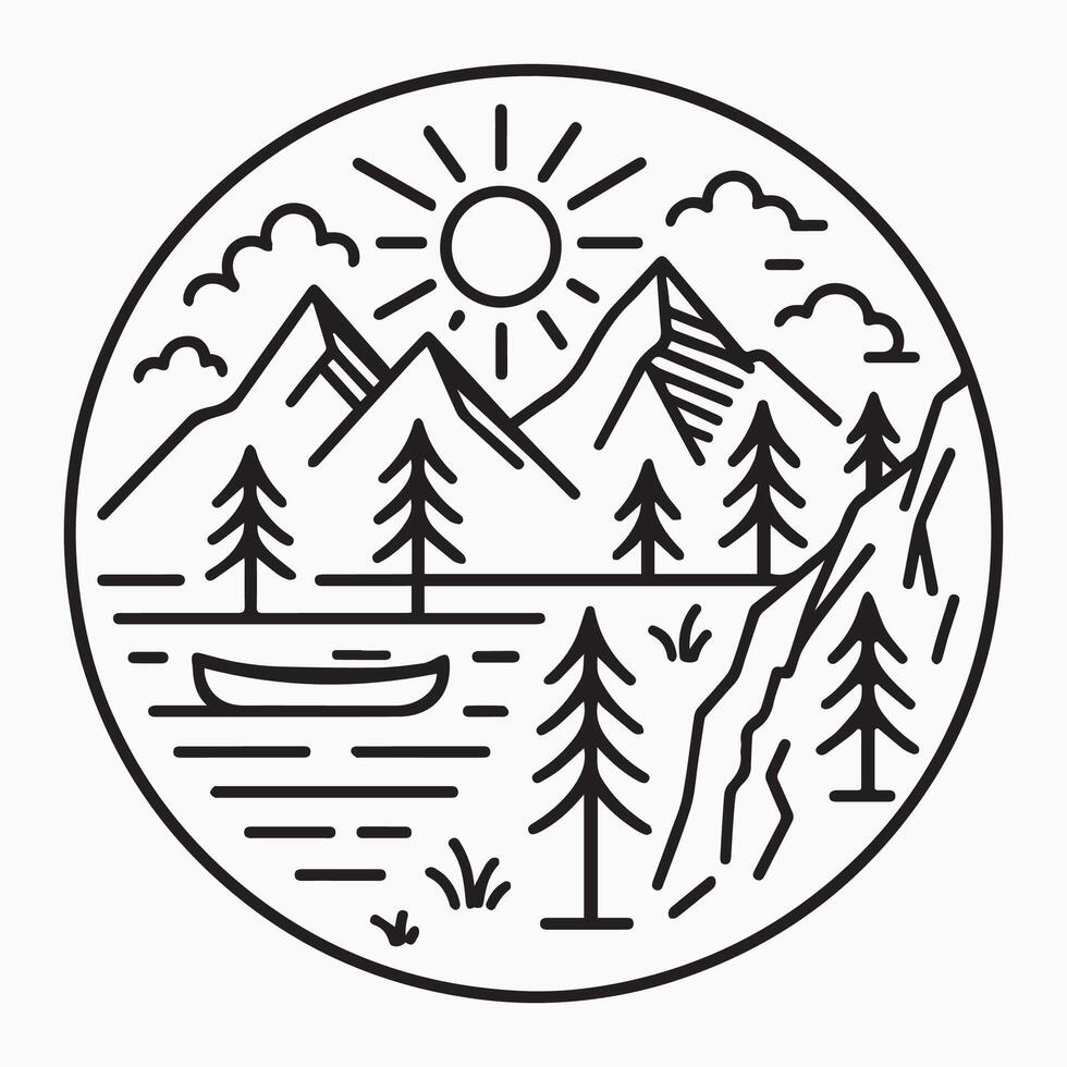 Minimal mountain and lake scene with canoe trees and sun in line art style circular design for outdoor nature camping hiking and travel themes perfect for print and digital use EPS Pro vector