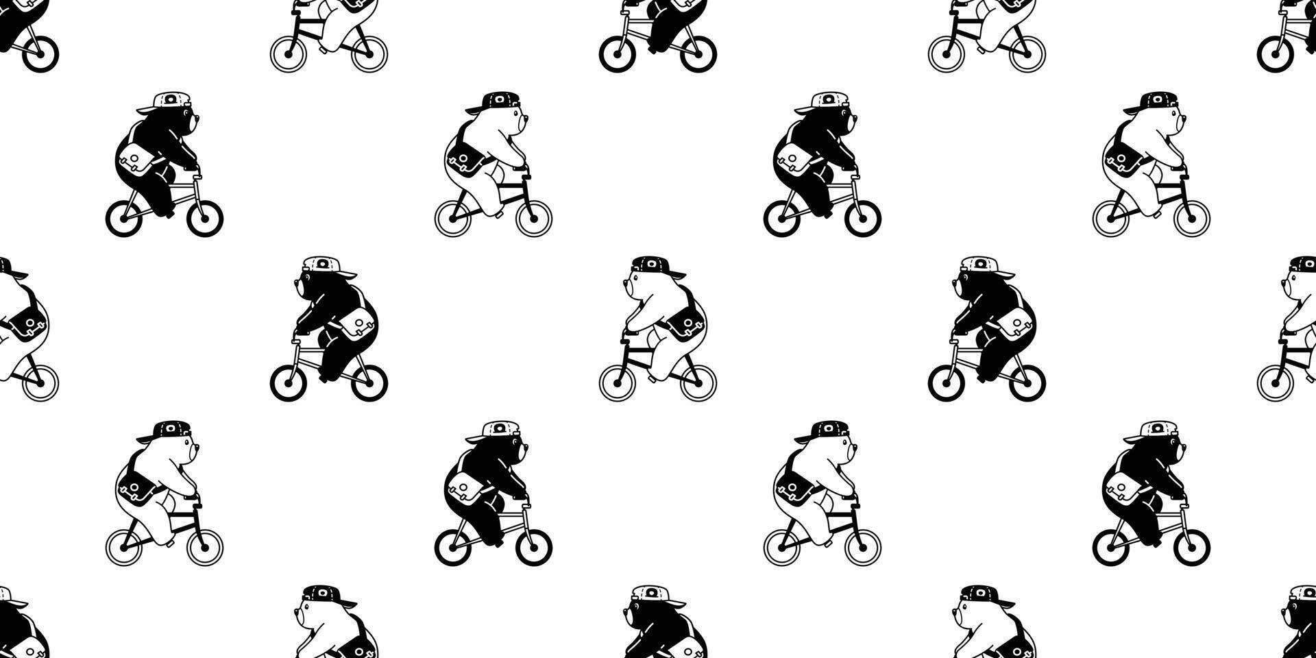 bear seamless pattern polar bear bicycle riding cycling hat cap cartoon doodle teddy tile background gift wrapping paper repeat wallpaper scarf isolated illustration design vector