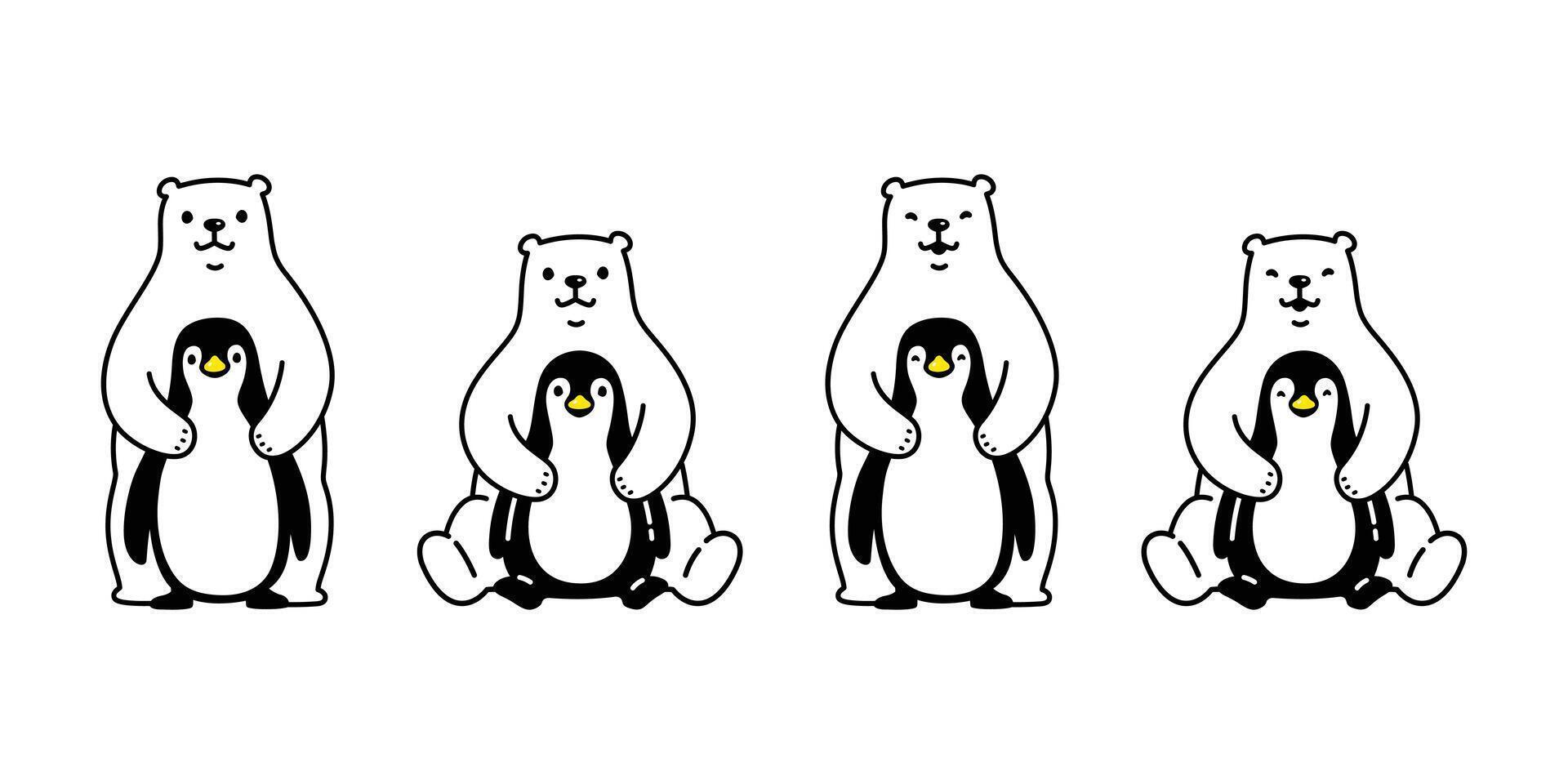 Bear polar bear penguin sitting hug icon cartoon character friend doodle logo teddy illustration symbol design vector