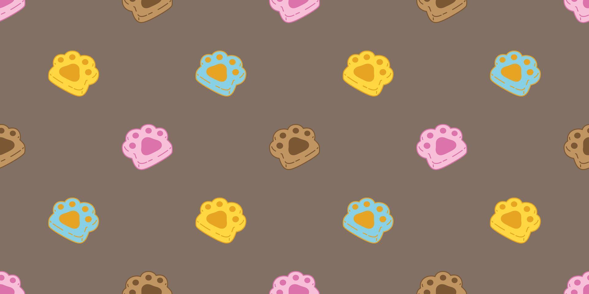 dog paw seamless pattern cookie biscuit cat footprint cracker pet bakery puppy kitten cartoon doodle wallpaper tile background gift wrapping paper repeat scarf isolated illustration design vector