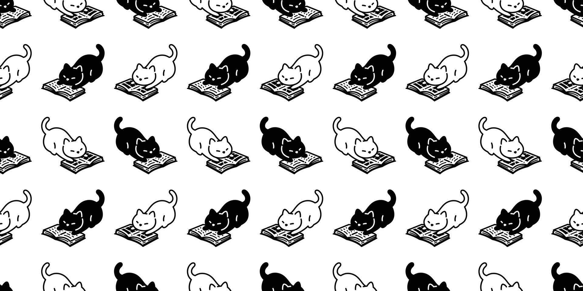 cat seamless pattern reading book kitten calico cartoon doodle pet animal illustration tile background gift wrapping paper repeat wallpaper white scarf isolated vector