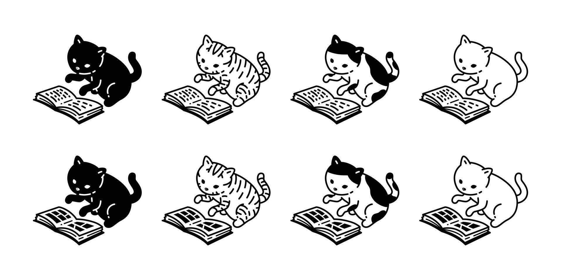 cat kitten reading book calico cartoon character icon pet doodle illustration animal breed symbol isolated design vector