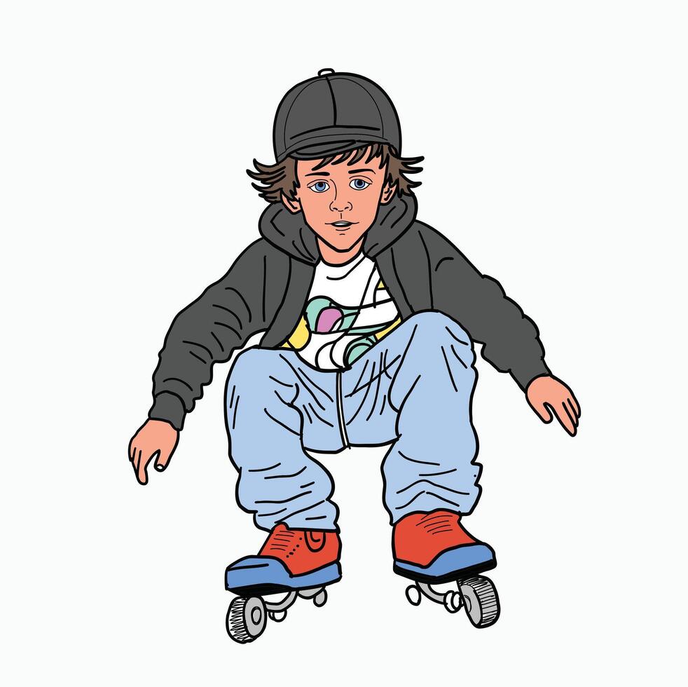 little boy playing roller skates. Cartoon Style Illustration vector