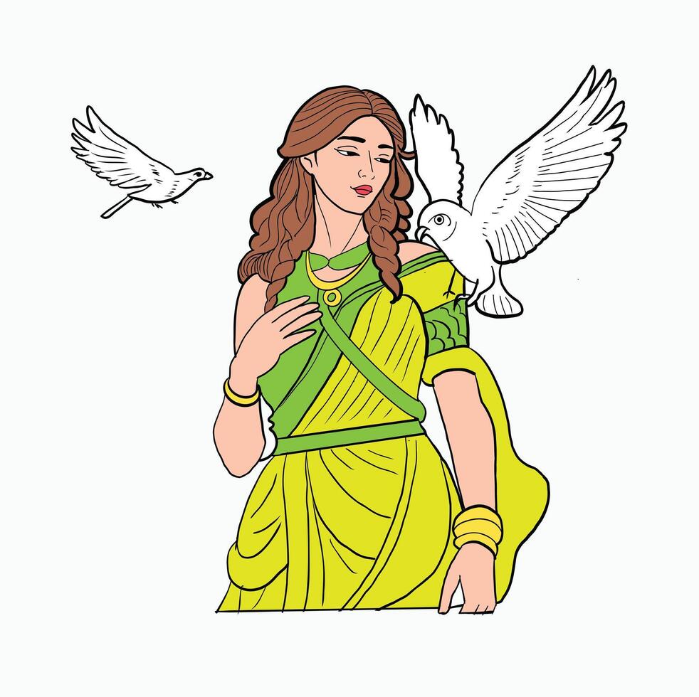 Goddess with Doves. Serene Woman and Birds. Harmony with Nature. Cartoon Style Illustration vector