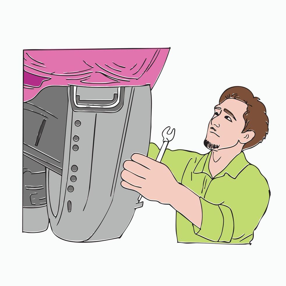 Car Repair and Maintenance. Mechanic Working on Car. Cartoon Style Illustration vector